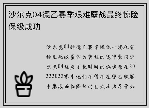 沙尔克04德乙赛季艰难鏖战最终惊险保级成功 沙尔克04德乙赛季艰难鏖战最终惊险保级成功