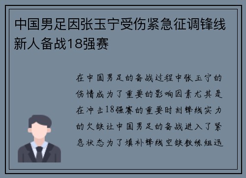 中国男足因张玉宁受伤紧急征调锋线新人备战18强赛 中国男足因张玉宁受伤紧急征调锋线新人备战18强赛